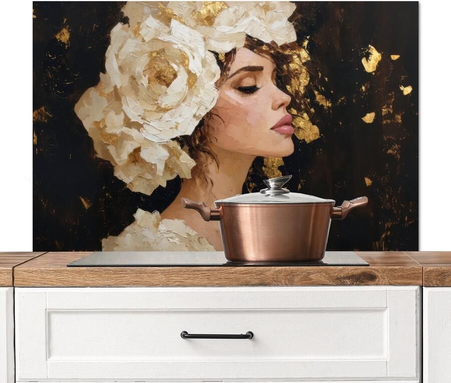 KitchenYeah Spatscherm keuken 100x65 cm Kookplaat achterwand Abstract Vrouw Bloemen Wit Muurbeschermer Spatwand fornuis Hoogwaardig aluminium