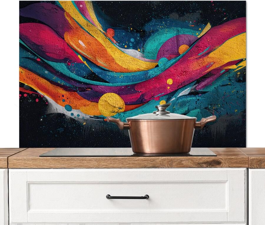 KitchenYeah Spatscherm keuken 100x65 cm Kookplaat achterwand Banen Golven Kleurrijk Abstract Muurbeschermer Spatwand fornuis Hoogwaardig aluminium