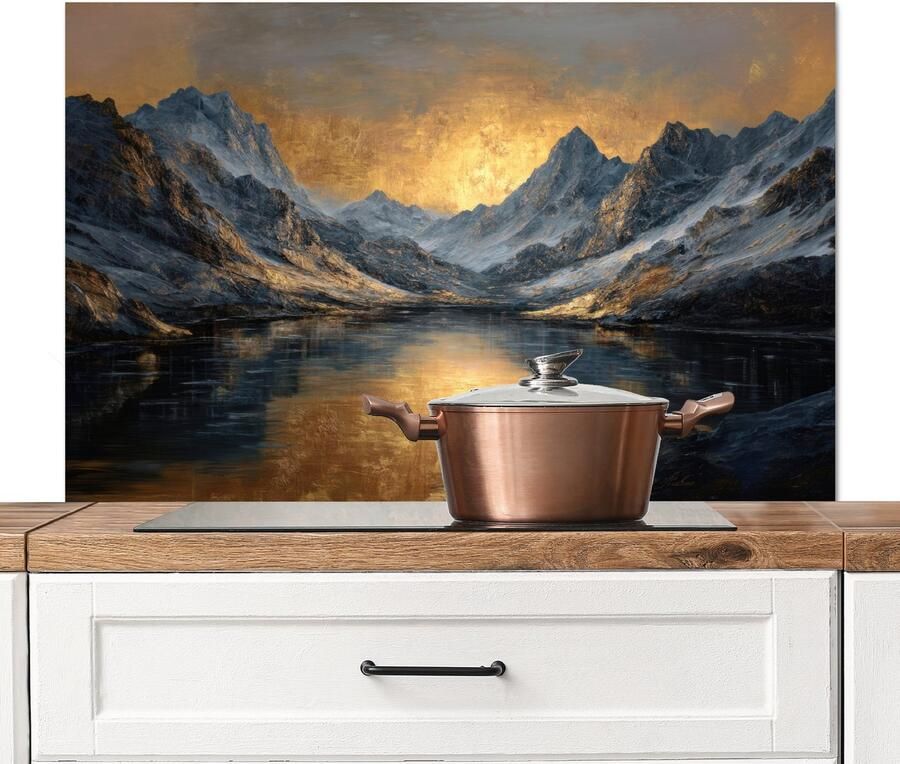 KitchenYeah Spatscherm keuken 100x65 cm Kookplaat achterwand Berglandschap met Gouden Zonsondergang Muurbeschermer Spatwand fornuis Hoogwaardig aluminium