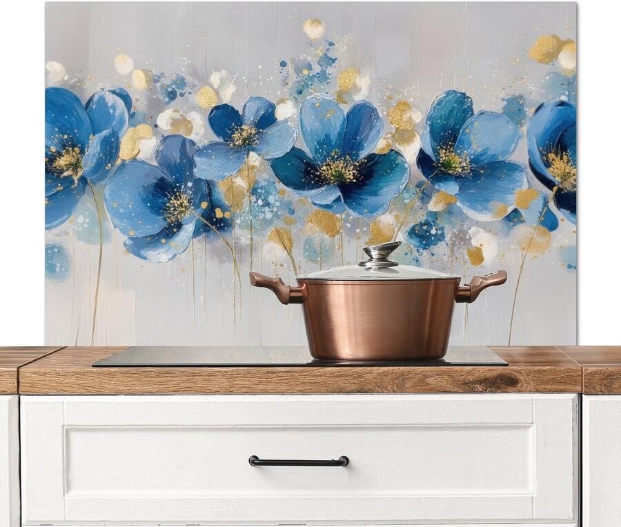 KitchenYeah Spatscherm keuken 100x65 cm Kookplaat achterwand Bloemen Blauw Abstract Muurbeschermer Spatwand fornuis Hoogwaardig aluminium