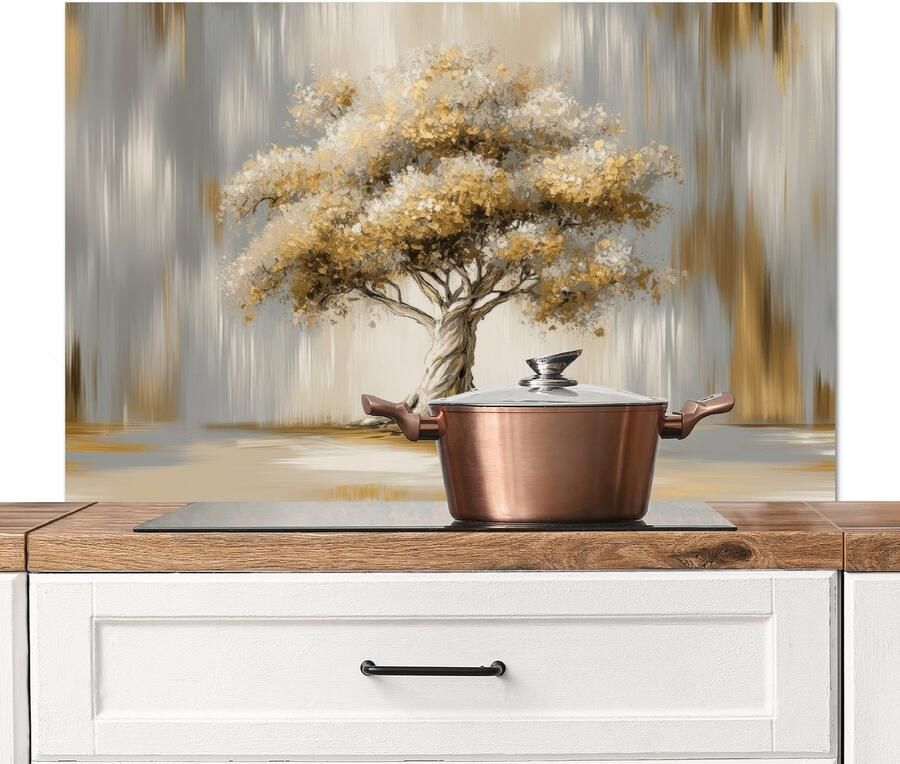 KitchenYeah Spatscherm keuken 100x65 cm Kookplaat achterwand Boom Bladeren Abstract Wit Muurbeschermer Spatwand fornuis Hoogwaardig aluminium