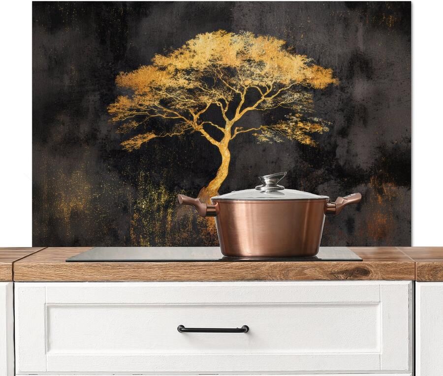 KitchenYeah Spatscherm keuken 100x65 cm Kookplaat achterwand Boom Schilderij Goud Abstract Muurbeschermer Spatwand fornuis Hoogwaardig aluminium