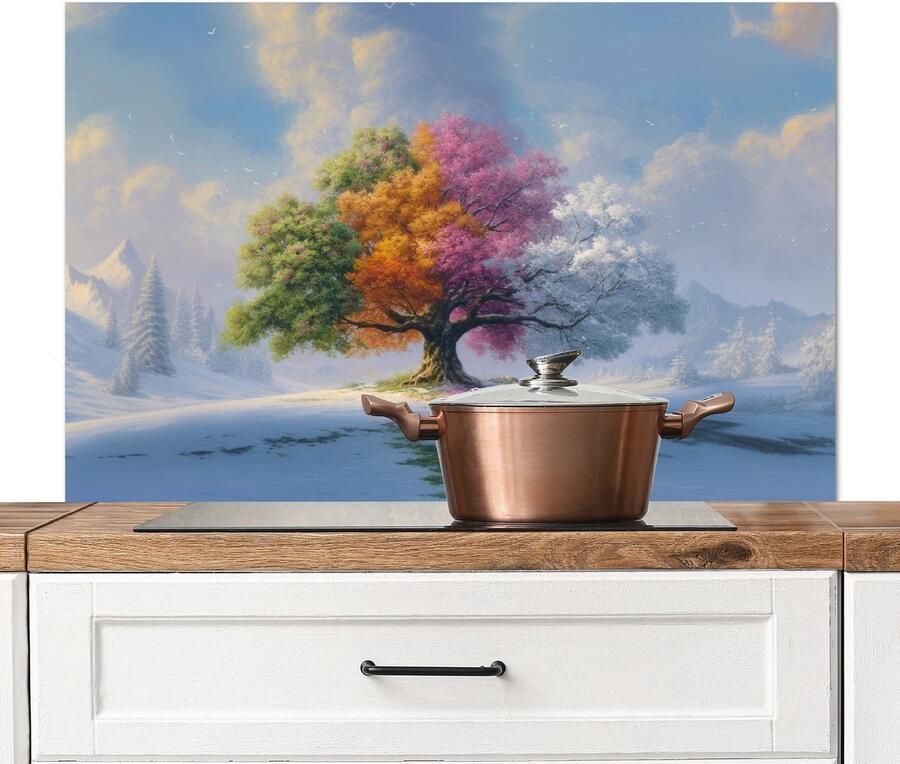 KitchenYeah Spatscherm keuken 100x65 cm Kookplaat achterwand Boom Seizoenen Winter Landschap Muurbeschermer Spatwand fornuis Hoogwaardig aluminium