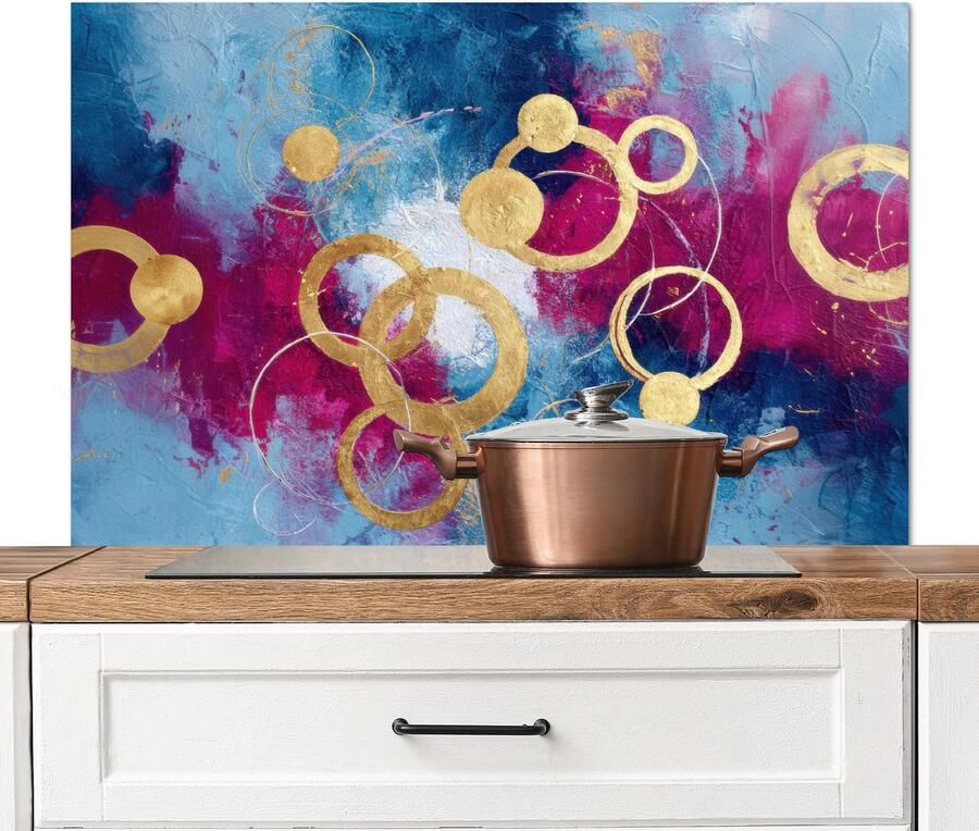 KitchenYeah Spatscherm keuken 100x65 cm Kookplaat achterwand Cirkels Goud Abstract Muurbeschermer Spatwand fornuis Hoogwaardig aluminium