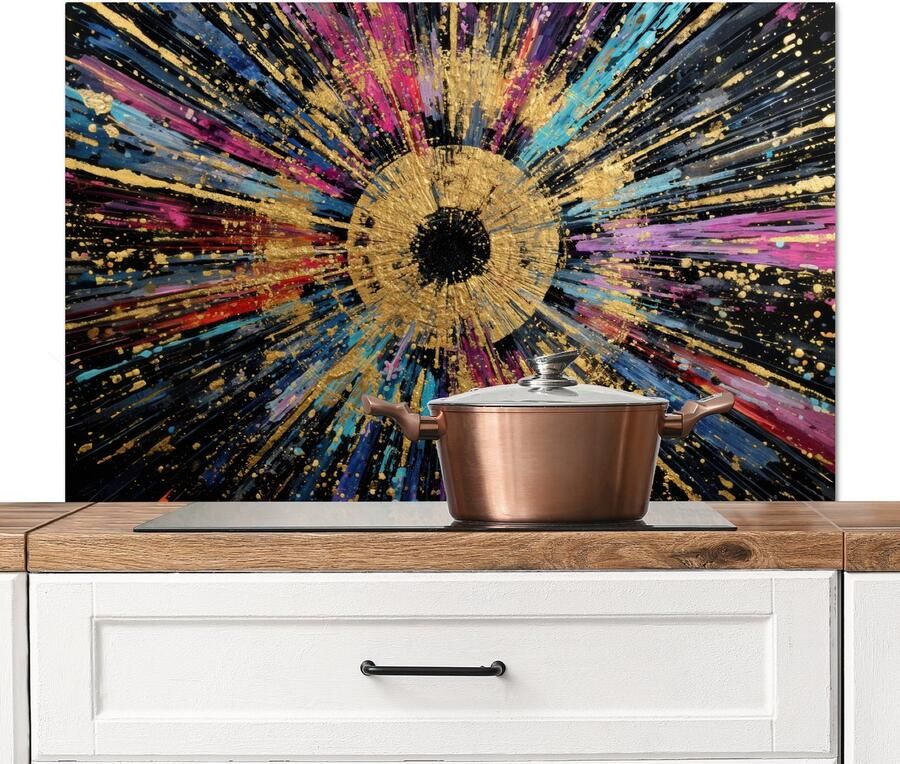 KitchenYeah Spatscherm keuken 100x65 cm Kookplaat achterwand Explosie Goud Kleurrijk Abstract Muurbeschermer Spatwand fornuis Hoogwaardig aluminium