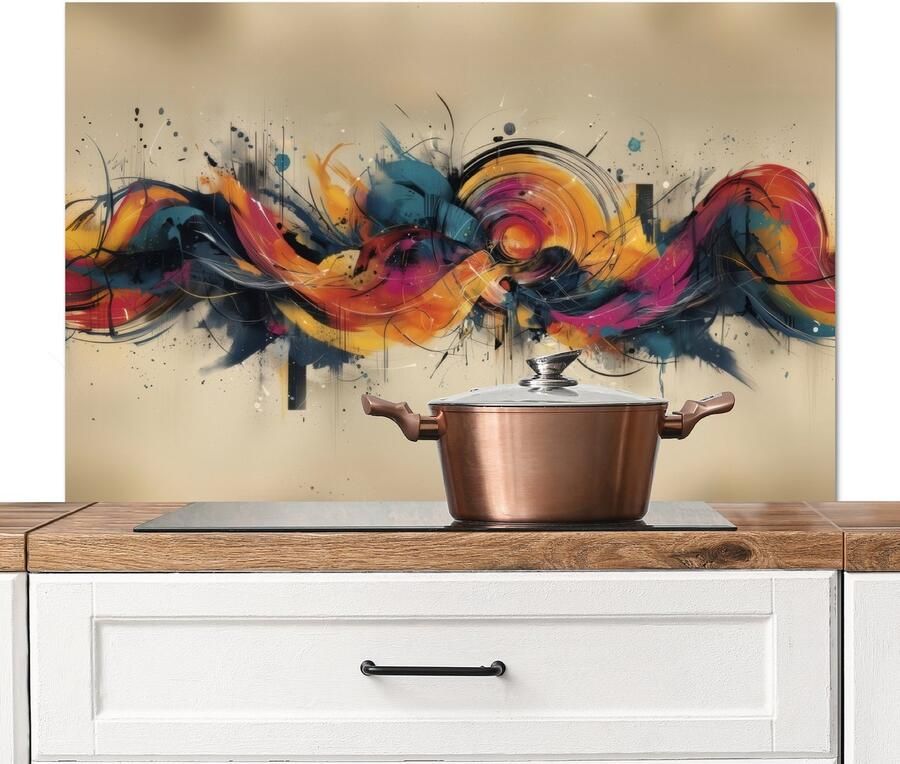 KitchenYeah Spatscherm keuken 100x65 cm Kookplaat achterwand Explosie Kleurrijk Vormen Abstract Muurbeschermer Spatwand fornuis Hoogwaardig aluminium