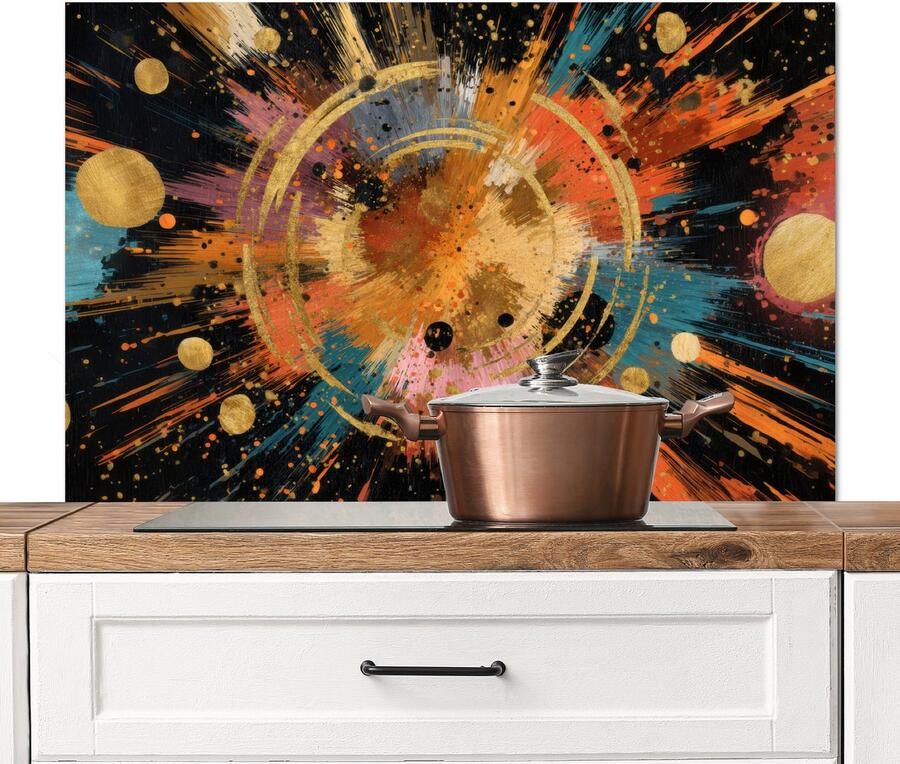 KitchenYeah Spatscherm keuken 100x65 cm Kookplaat achterwand Explosie Verfstructuur Goud Abstract Muurbeschermer Spatwand fornuis Hoogwaardig aluminium