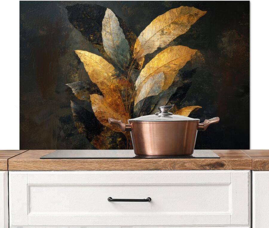 KitchenYeah Spatscherm keuken 100x65 cm Kookplaat achterwand Gouden Bladcompositie – Botanische Luxe Muurbeschermer Spatwand fornuis Hoogwaardig aluminium