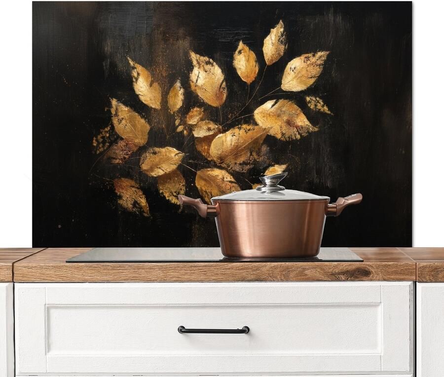 KitchenYeah Spatscherm keuken 100x65 cm Kookplaat achterwand Gouden Bladeren op Donkere Achtergrond Muurbeschermer Spatwand fornuis Hoogwaardig aluminium