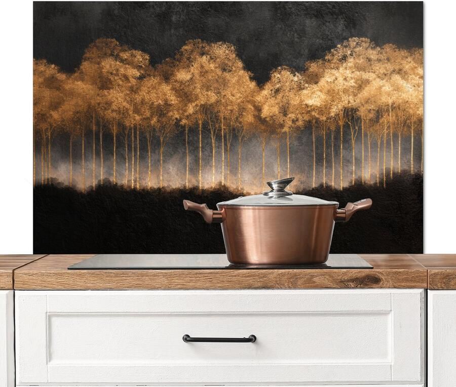 KitchenYeah Spatscherm keuken 100x65 cm Kookplaat achterwand Gouden Bomen in Mistig Landschap Muurbeschermer Spatwand fornuis Hoogwaardig aluminium