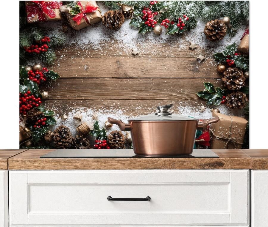 KitchenYeah Spatscherm keuken 100x65 cm Kookplaat achterwand Kerstdecoratie Geschenken Hout Veelkleurig Muurbeschermer Spatwand fornuis Hoogwaardig aluminium