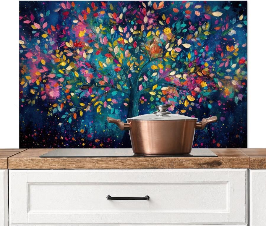 KitchenYeah Spatscherm keuken 100x65 cm Kookplaat achterwand Kleurrijk Boom Magisch Abstract Muurbeschermer Spatwand fornuis Hoogwaardig aluminium