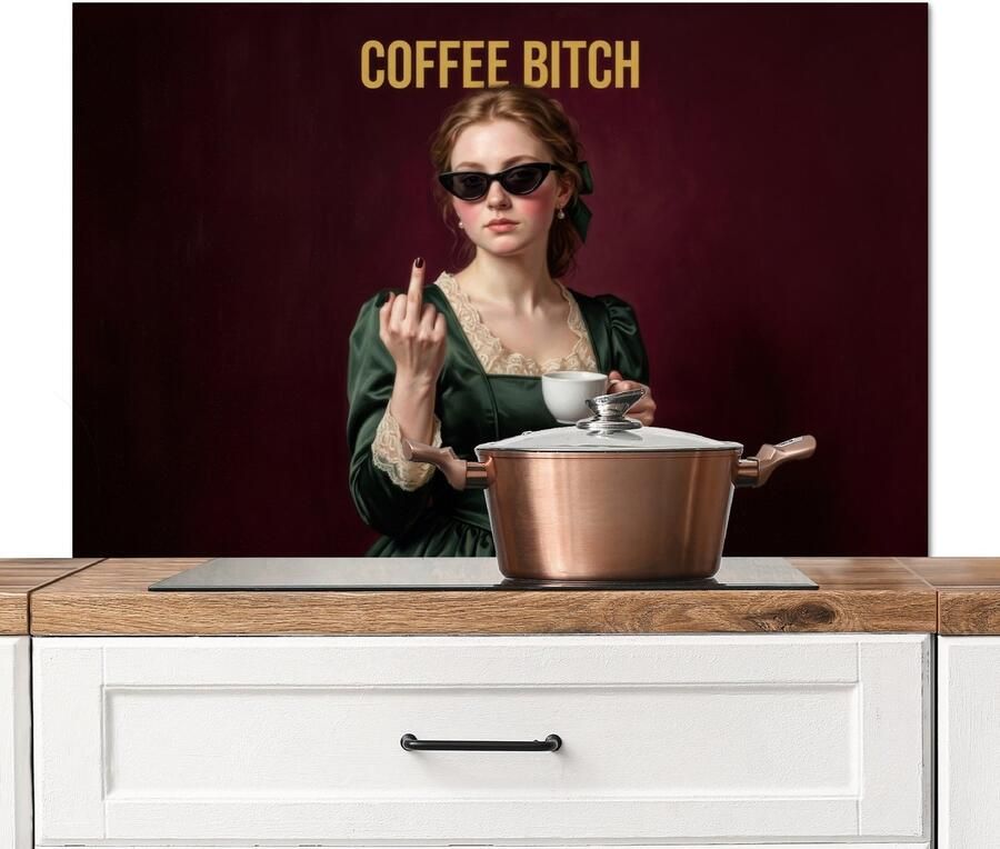 KitchenYeah Spatscherm keuken 100x65 cm Kookplaat achterwand Koffie Vrouw Middelvinger Muurbeschermer Spatwand fornuis Hoogwaardig aluminium