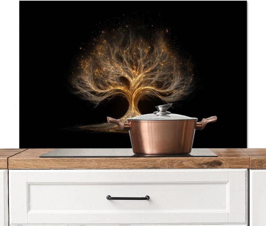 KitchenYeah Spatscherm keuken 100x65 cm Kookplaat achterwand Lichtjes Boom Abstract Zwart Muurbeschermer Spatwand fornuis Hoogwaardig aluminium