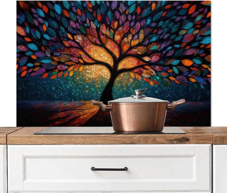 KitchenYeah Spatscherm keuken 100x65 cm Kookplaat achterwand Mozaïek Kleurrijk Boom Takken Muurbeschermer Spatwand fornuis Hoogwaardig aluminium