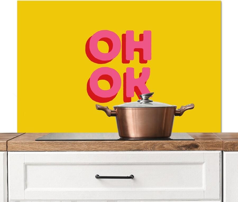 KitchenYeah Spatscherm keuken 100x65 cm Kookplaat achterwand Oh ok 3D Geel Roze Muurbeschermer Spatwand fornuis Hoogwaardig aluminium