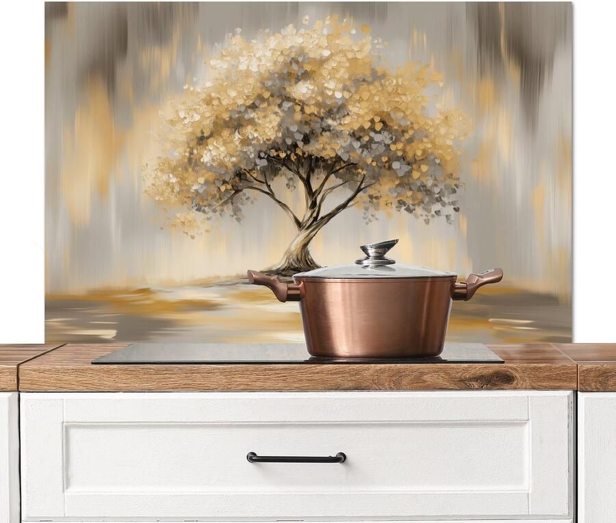 KitchenYeah Spatscherm keuken 100x65 cm Kookplaat achterwand Schilderij Boom Abstract Bladeren Muurbeschermer Spatwand fornuis Hoogwaardig aluminium