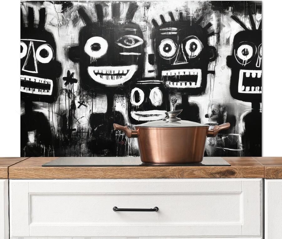 KitchenYeah Spatscherm keuken 100x65 cm Kookplaat achterwand Schilderij Figuren Zwart Abstract Muurbeschermer Spatwand fornuis Hoogwaardig aluminium