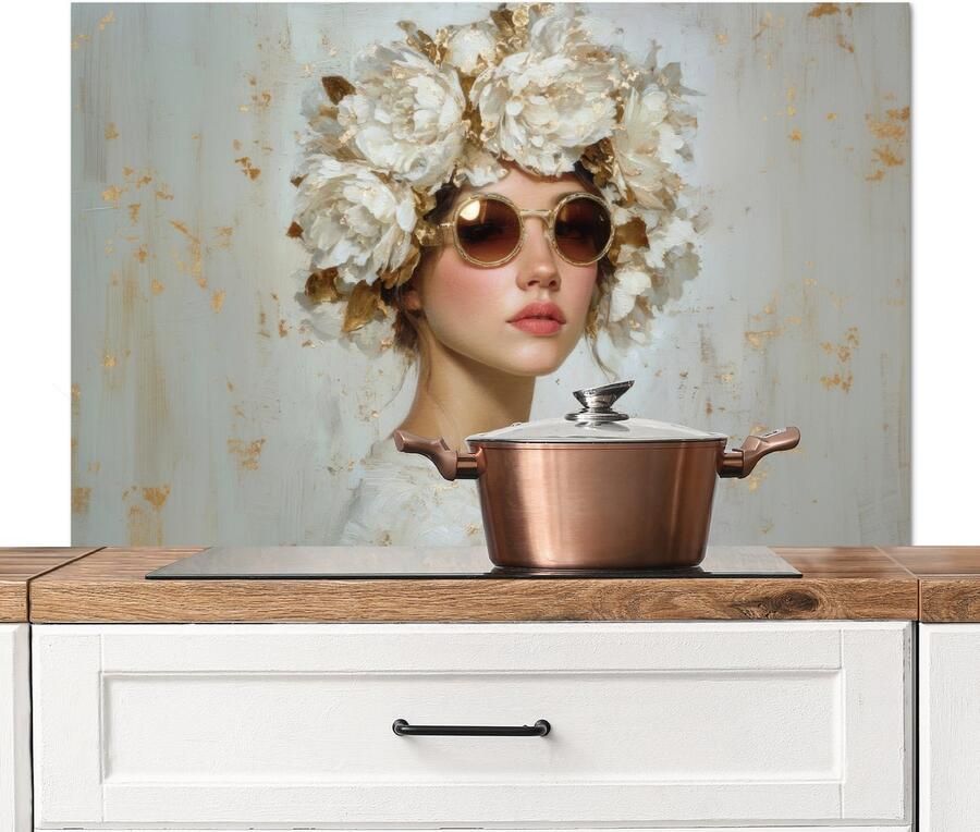 KitchenYeah Spatscherm keuken 100x65 cm Kookplaat achterwand Schilderij Vrouw Zonnebril Bloemenkrans Muurbeschermer Spatwand fornuis Hoogwaardig aluminium