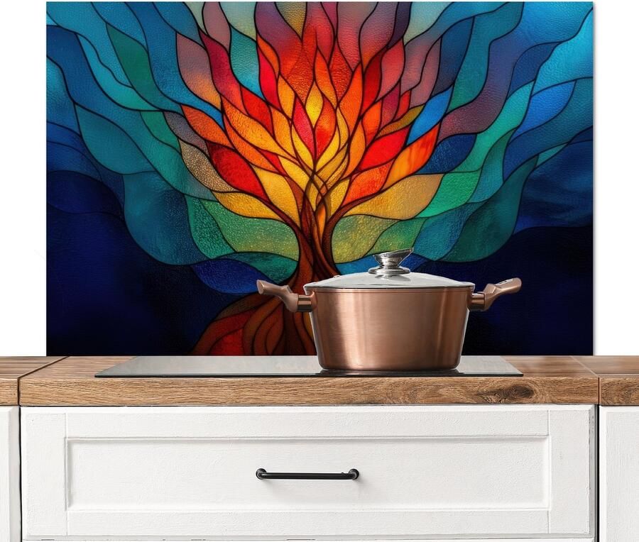 KitchenYeah Spatscherm keuken 100x65 cm Kookplaat achterwand Sierglas Boom Rood Vlakken Muurbeschermer Spatwand fornuis Hoogwaardig aluminium