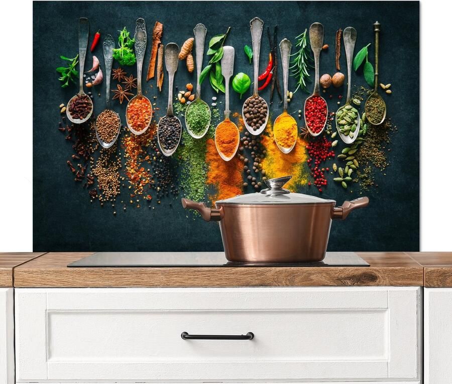 KitchenYeah Spatscherm keuken 100x65 cm Kookplaat achterwand Specerijen Kruiden Lepels Muurbeschermer hittebestendig Spatwand fornuis Hoogwaardig aluminium Wanddecoratie industrieel