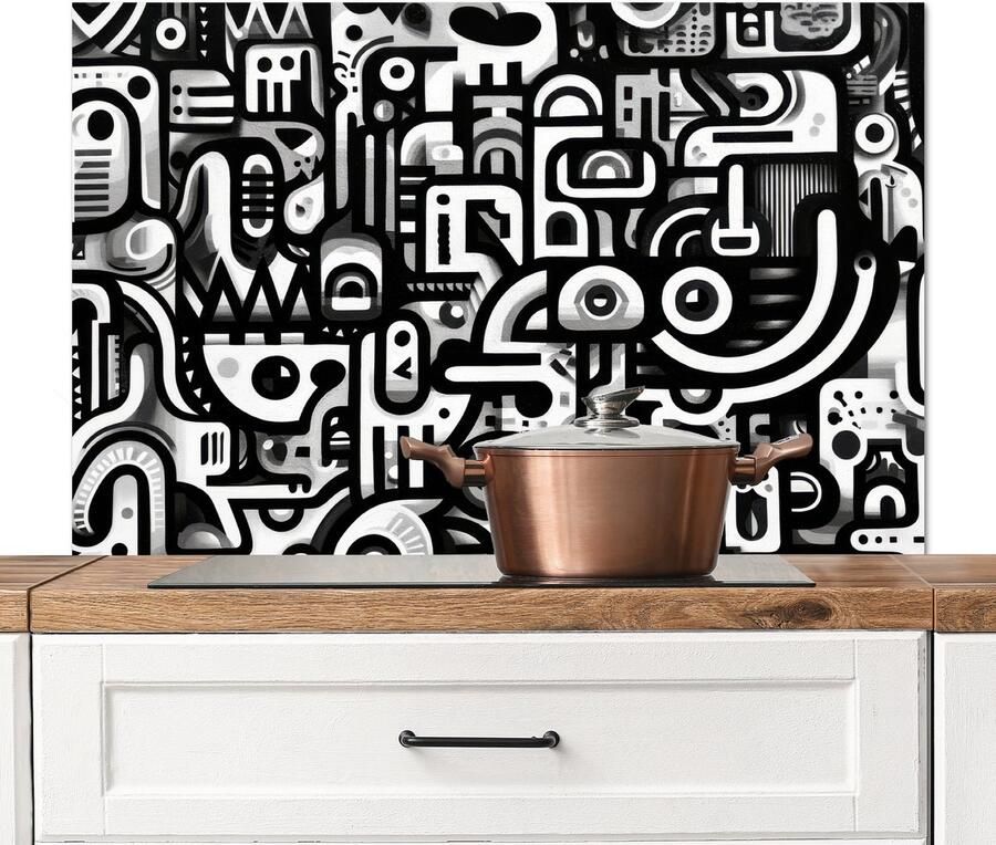 KitchenYeah Spatscherm keuken 100x65 cm Kookplaat achterwand Symbolen Abstract Grafisch Zwart Muurbeschermer Spatwand fornuis Hoogwaardig aluminium