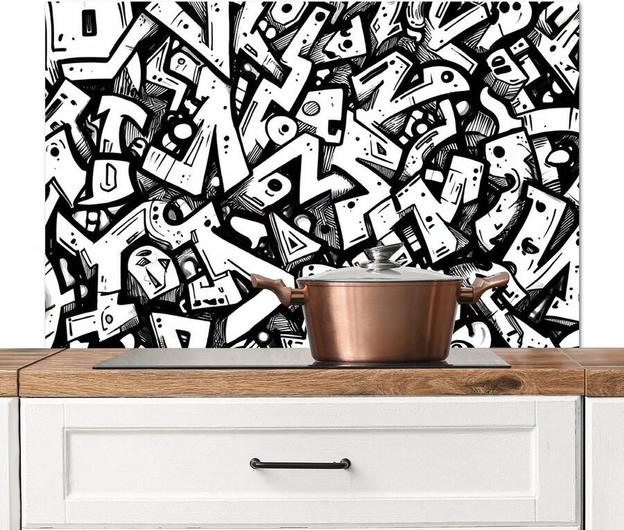 KitchenYeah Spatscherm keuken 100x65 cm Kookplaat achterwand Vormen Letters Graffiti Zwart Muurbeschermer Spatwand fornuis Hoogwaardig aluminium