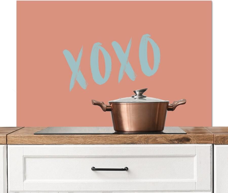 KitchenYeah Spatscherm keuken 100x65 cm Kookplaat achterwand XOXO Blauw Perzikkleur Muurbeschermer Spatwand fornuis Hoogwaardig aluminium