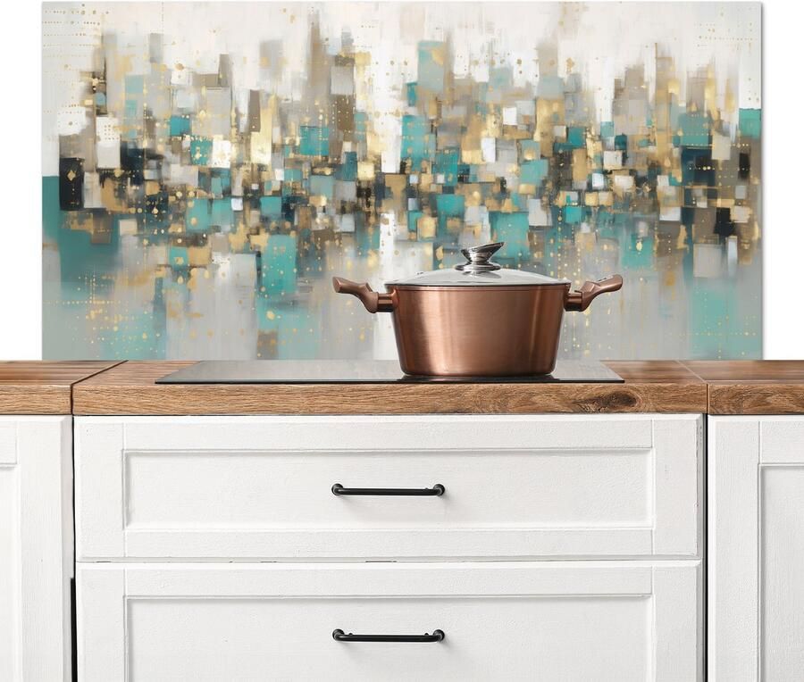 KitchenYeah Spatscherm keuken 120x60 cm Kookplaat achterwand Abstract Blokken Goud Skyline Muurbeschermer Spatwand fornuis Hoogwaardig aluminium