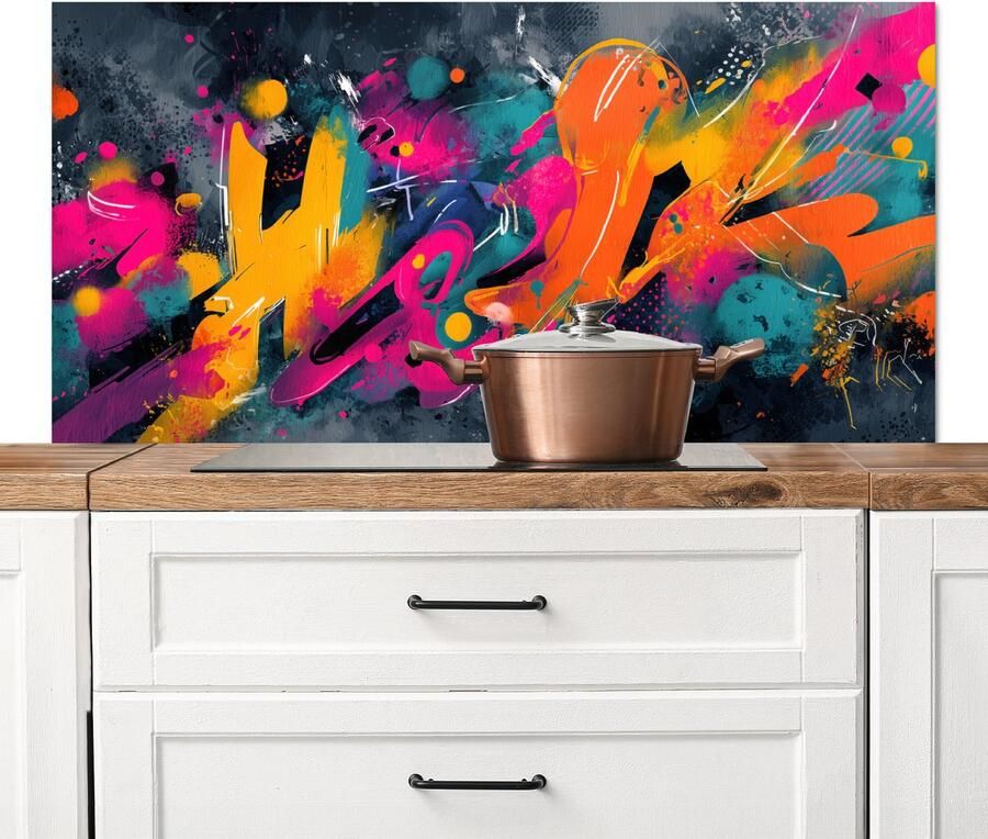 KitchenYeah Spatscherm keuken 120x60 cm Kookplaat achterwand Abstract Graffiti Kleurrijk Verfspatten Muurbeschermer Spatwand fornuis Hoogwaardig aluminium