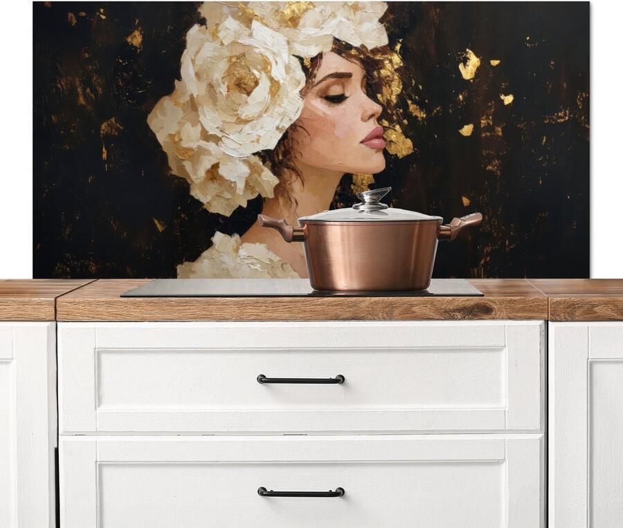 KitchenYeah Spatscherm keuken 120x60 cm Kookplaat achterwand Abstract Vrouw Bloemen Wit Muurbeschermer Spatwand fornuis Hoogwaardig aluminium