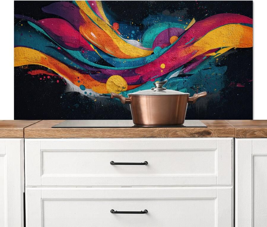 KitchenYeah Spatscherm keuken 120x60 cm Kookplaat achterwand Banen Golven Kleurrijk Abstract Muurbeschermer Spatwand fornuis Hoogwaardig aluminium