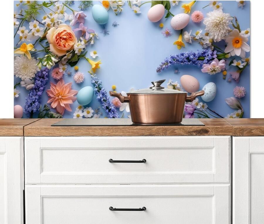 KitchenYeah Spatscherm keuken 120x60 cm Kookplaat achterwand Bloemen Pastelkleuren Eieren Blauw Muurbeschermer Spatwand fornuis Hoogwaardig aluminium
