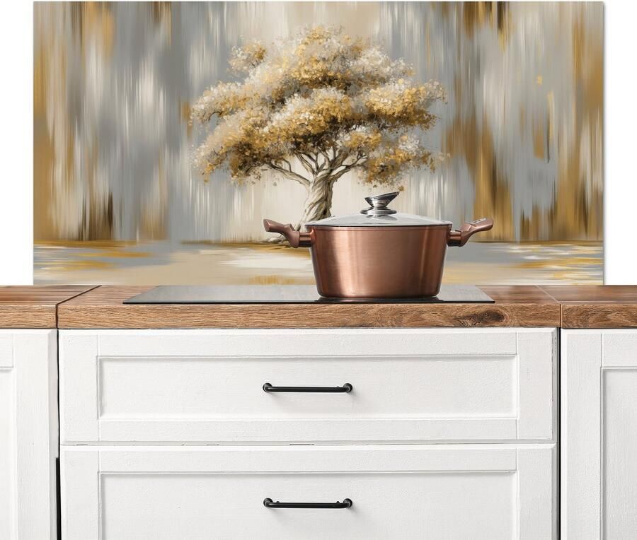 KitchenYeah Spatscherm keuken 120x60 cm Kookplaat achterwand Boom Bladeren Abstract Wit Muurbeschermer Spatwand fornuis Hoogwaardig aluminium
