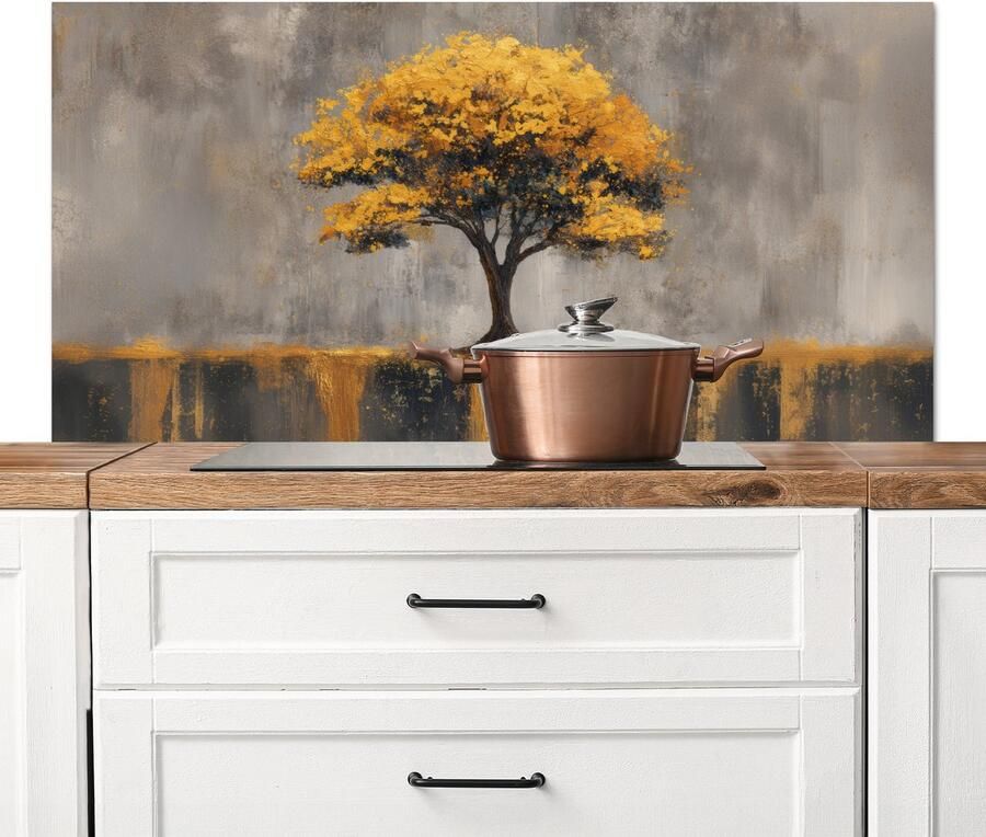 KitchenYeah Spatscherm keuken 120x60 cm Kookplaat achterwand Boom Bladeren Goud Abstract Muurbeschermer Spatwand fornuis Hoogwaardig aluminium