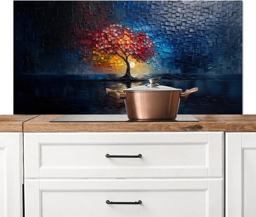 KitchenYeah Spatscherm keuken 120x60 cm Kookplaat achterwand Boom Blauw Bladeren Vakken Muurbeschermer Spatwand fornuis Hoogwaardig aluminium