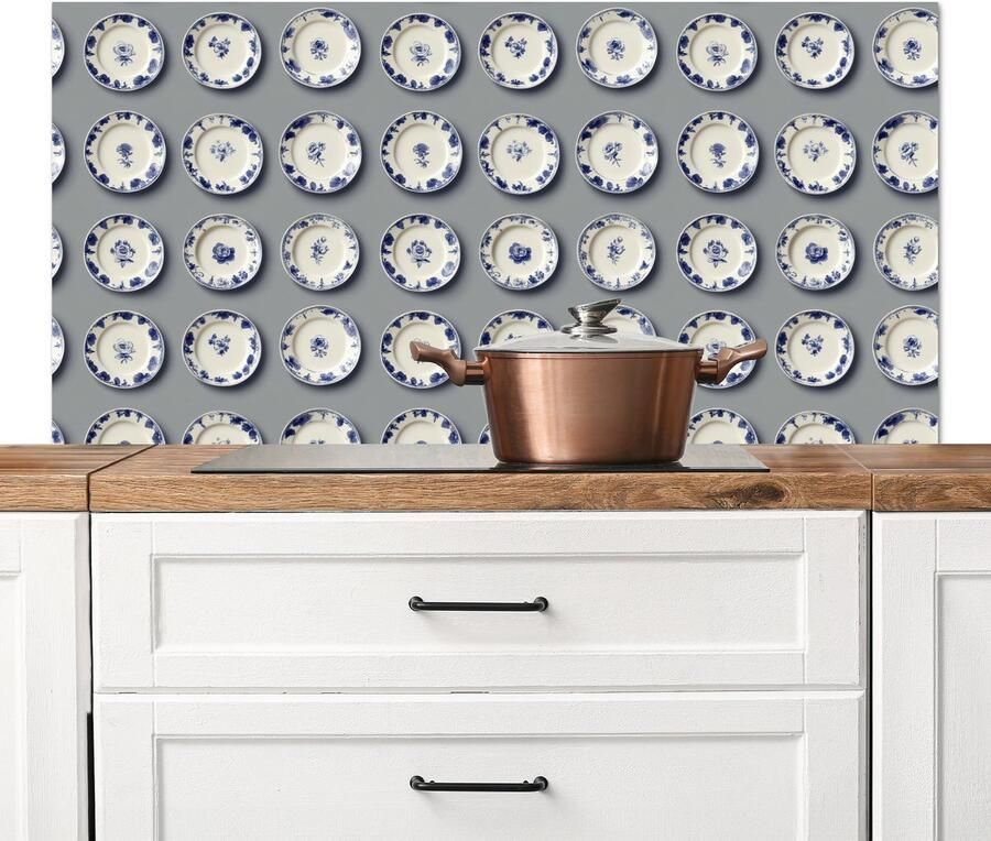 KitchenYeah Spatscherm keuken 120x60 cm Kookplaat achterwand Borden Bloemen Blauw Wit Muurbeschermer Spatwand fornuis Hoogwaardig aluminium