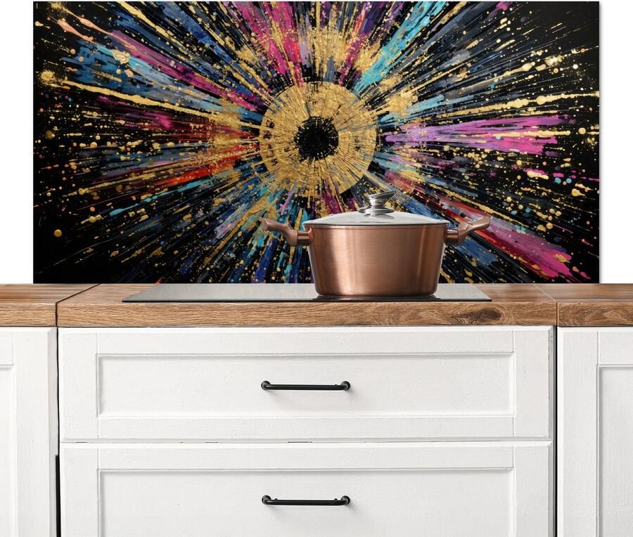 KitchenYeah Spatscherm keuken 120x60 cm Kookplaat achterwand Explosie Goud Kleurrijk Abstract Muurbeschermer Spatwand fornuis Hoogwaardig aluminium