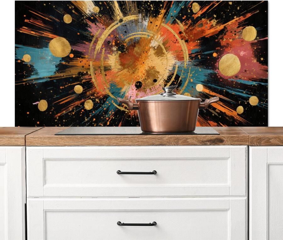 KitchenYeah Spatscherm keuken 120x60 cm Kookplaat achterwand Explosie Verfstructuur Goud Abstract Muurbeschermer Spatwand fornuis Hoogwaardig aluminium