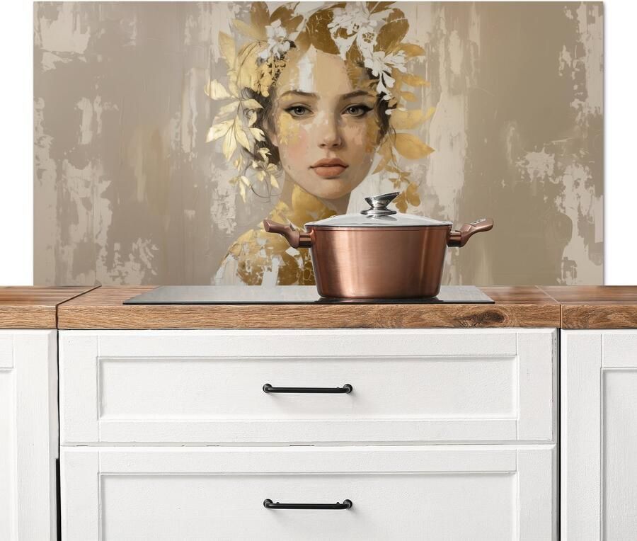 KitchenYeah Spatscherm keuken 120x60 cm Kookplaat achterwand Gezicht Vrouw Bladeren Goud Muurbeschermer Spatwand fornuis Hoogwaardig aluminium