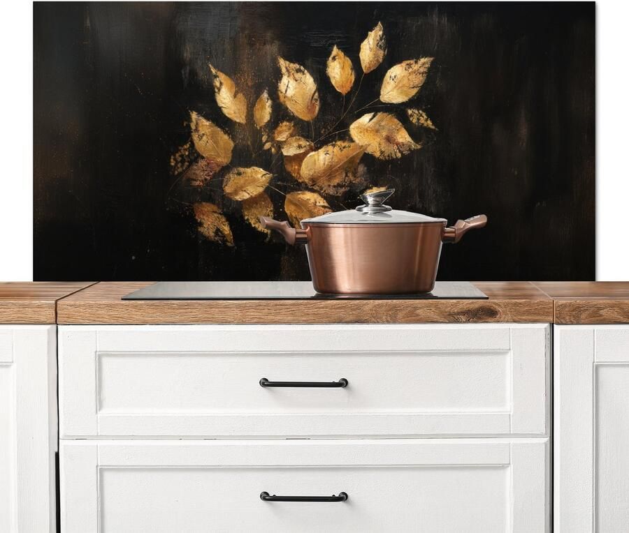 KitchenYeah Spatscherm keuken 120x60 cm Kookplaat achterwand Gouden Bladeren op Donkere Achtergrond Muurbeschermer Spatwand fornuis Hoogwaardig aluminium