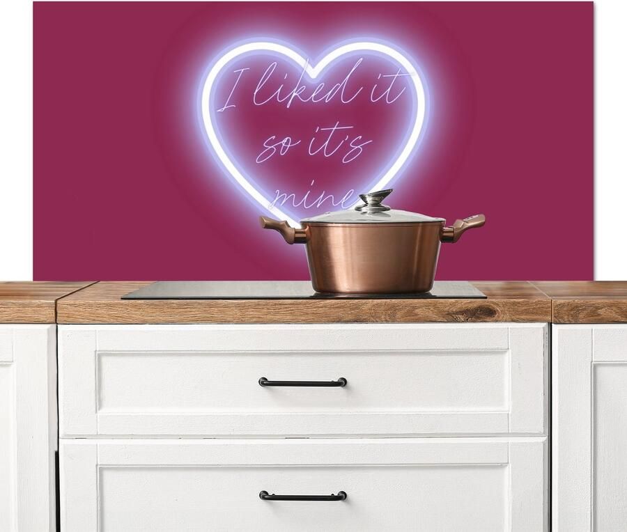 KitchenYeah Spatscherm keuken 120x60 cm Kookplaat achterwand I liked it so it's mine Neon hart Roze Muurbeschermer Spatwand fornuis Hoogwaardig aluminium