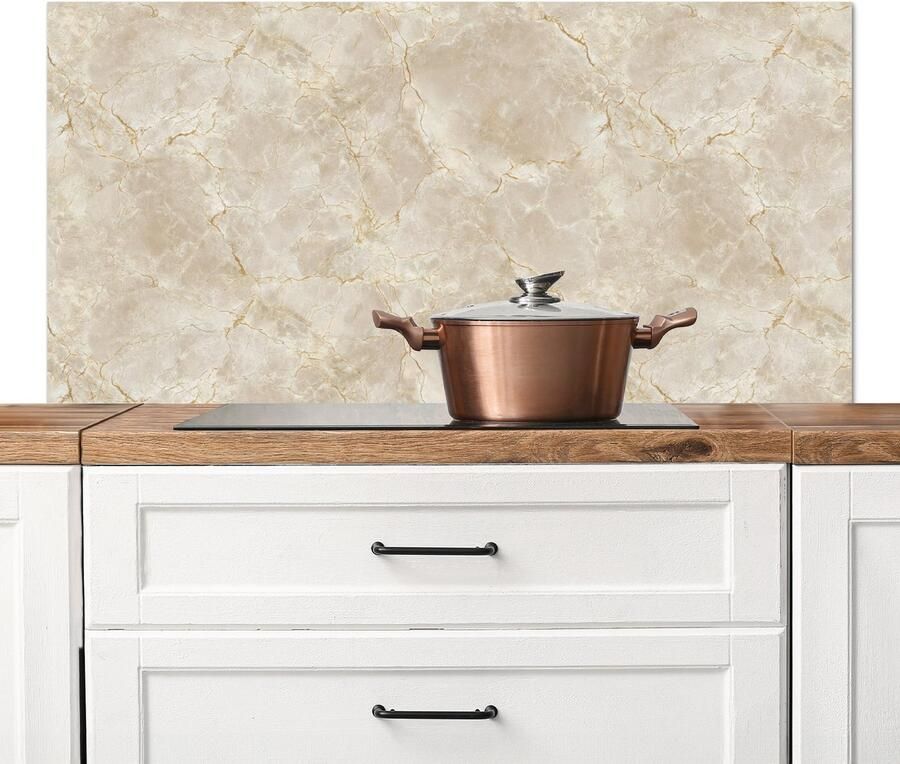 KitchenYeah Spatscherm keuken 120x60 cm Kookplaat achterwand Lichtbeige Marmer print Aders Muurbeschermer Spatwand fornuis Hoogwaardig aluminium