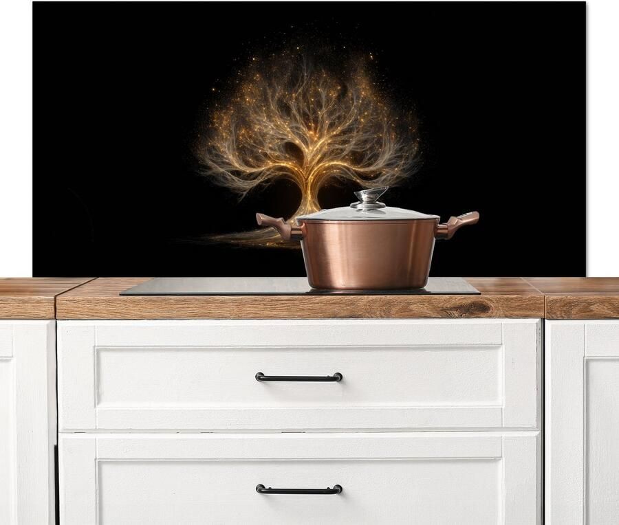 KitchenYeah Spatscherm keuken 120x60 cm Kookplaat achterwand Lichtjes Boom Abstract Zwart Muurbeschermer Spatwand fornuis Hoogwaardig aluminium