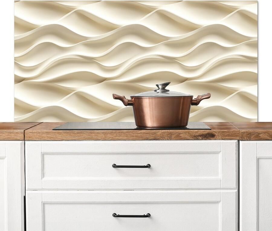 KitchenYeah Spatscherm keuken 120x60 cm Kookplaat achterwand Lijnen Golvend Crème Muurbeschermer Spatwand fornuis Hoogwaardig aluminium