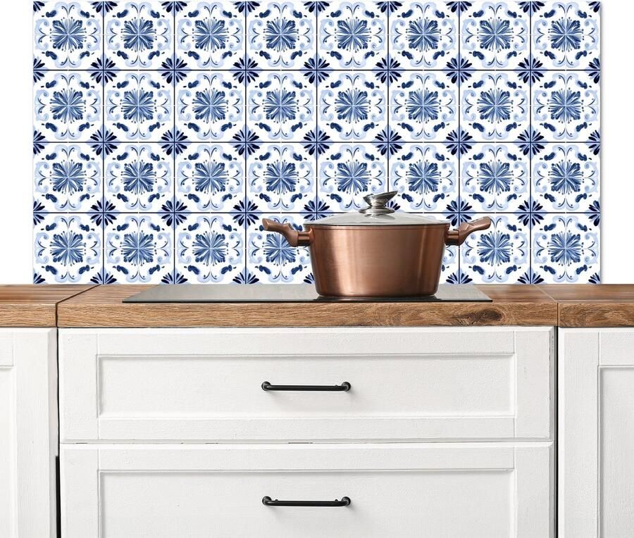 KitchenYeah Spatscherm keuken 120x60 cm Kookplaat achterwand Patroon Tegel Blauw Muurbeschermer Spatwand fornuis Hoogwaardig aluminium