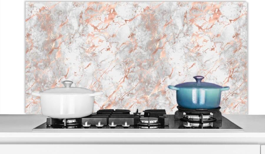 KitchenYeah Spatscherm keuken 120x60 cm Kookplaat achterwand Rose goud Marmer print Wit Patroon Muurbeschermer Spatwand fornuis Hoogwaardig aluminium