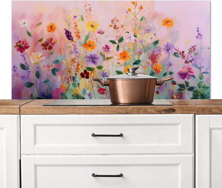 KitchenYeah Spatscherm keuken 120x60 cm Kookplaat achterwand Schilderij Bloemen Abstract Kleurrijk Muurbeschermer Spatwand fornuis Hoogwaardig aluminium