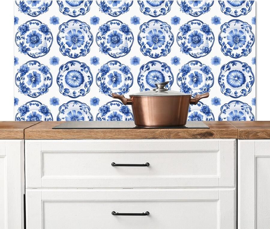KitchenYeah Spatscherm keuken 120x60 cm Kookplaat achterwand Sierborden Bloemen Blauw Muurbeschermer Spatwand fornuis Hoogwaardig aluminium