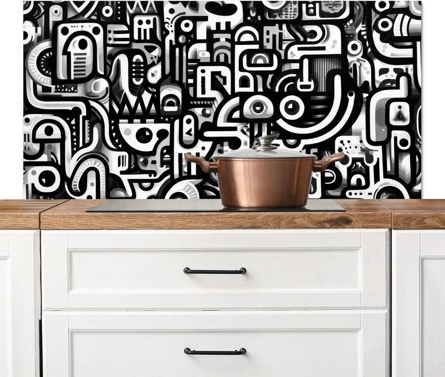 KitchenYeah Spatscherm keuken 120x60 cm Kookplaat achterwand Symbolen Abstract Grafisch Zwart Muurbeschermer Spatwand fornuis Hoogwaardig aluminium
